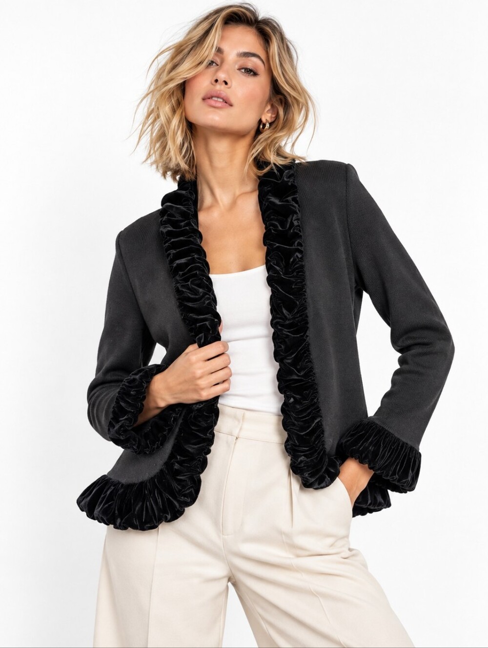 Laura Womenโs Velvet Trim Cardigan Black Open Front Dressy Ruffle Knit Size M